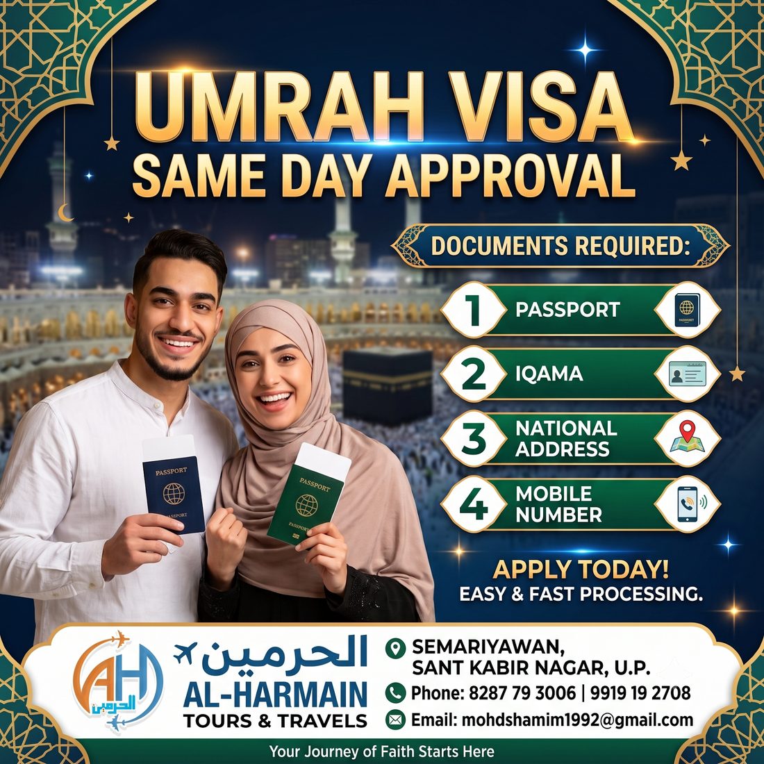 Umrah visa same day approval poster – documents required: passport, Iqama, national address, mobile number